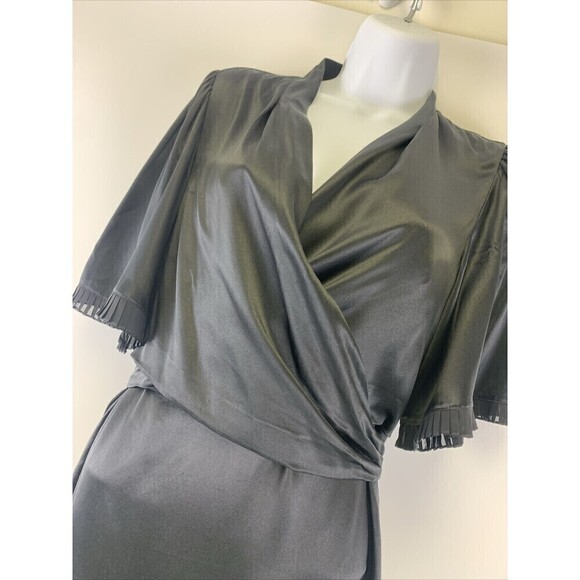 BOGO BCBGMaxazria Silk Dress Black Short Pleated Sleeves Tie Wrap Around Medium - Picture 3 of 14
